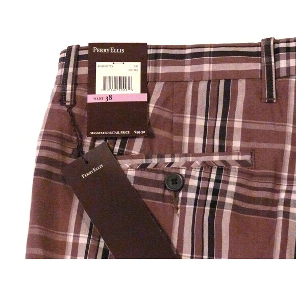 NWT PERRY ELLIS Mens Shorts Flat Front Plaid brown black white size 38" waist - Picture 5 of 5